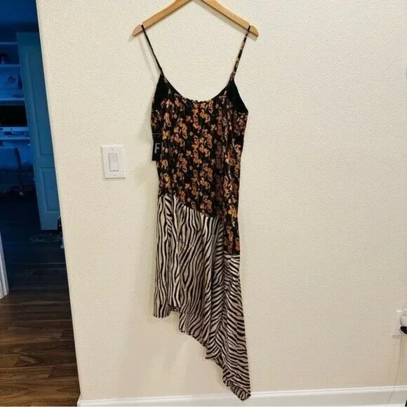 Lulu’s Gold Mine Black Multi Print Satin Asymmetrical Midi Dress Size Medium - Picture 4 of 12